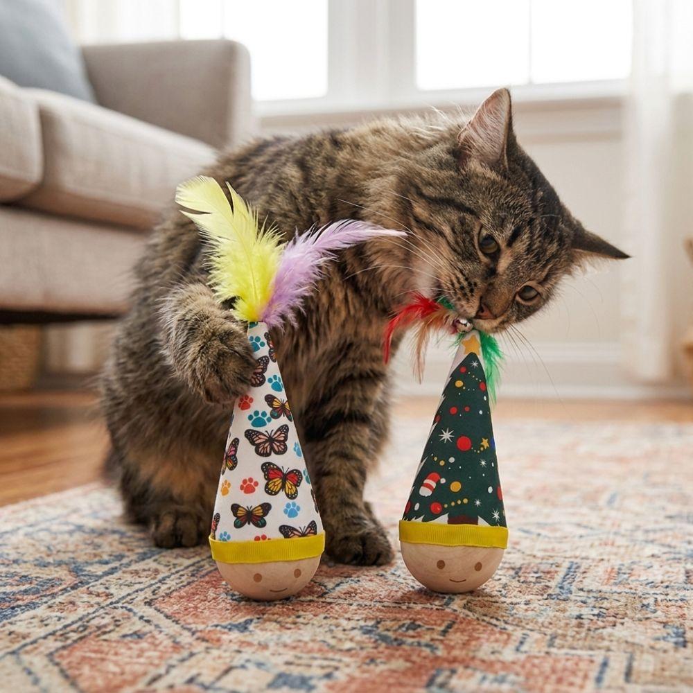 Colorful Feather Cat Tumbler Toy Wooden Base Dynamic Shaking Self Play Cat Entertainment Toy Cartoon Pattern Bite Resistant