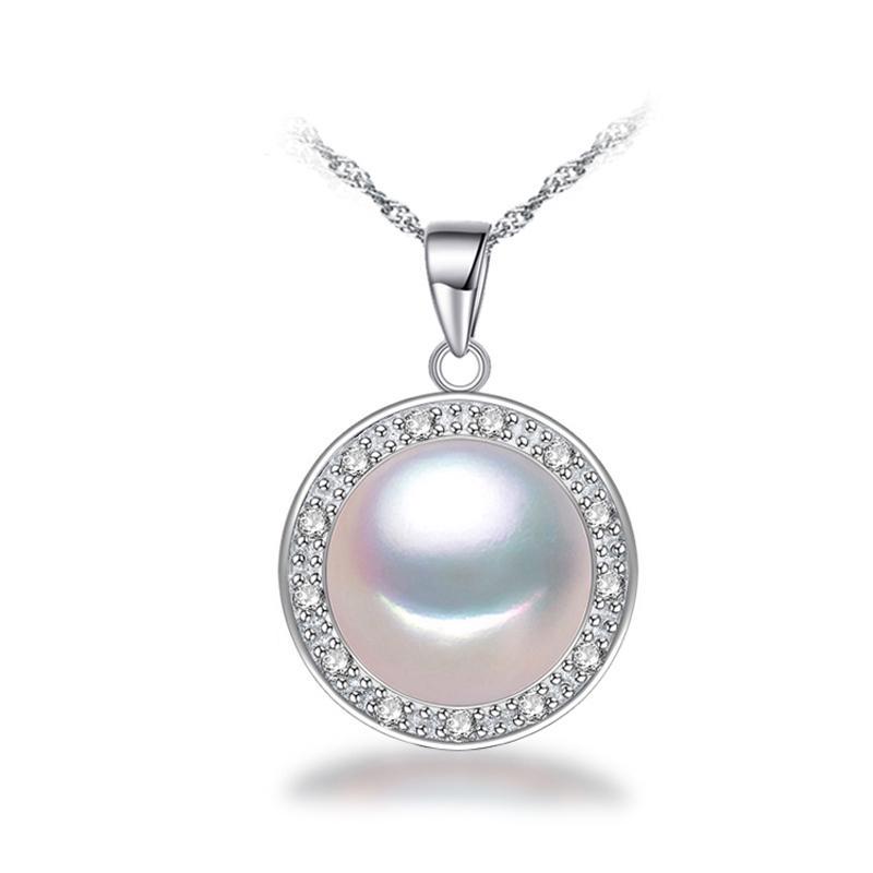 LSOOYH Round Design 10-11mm Big Natural Freshwater Pearl Jewelry Necklace Cubic Zirconia CZ Necklace