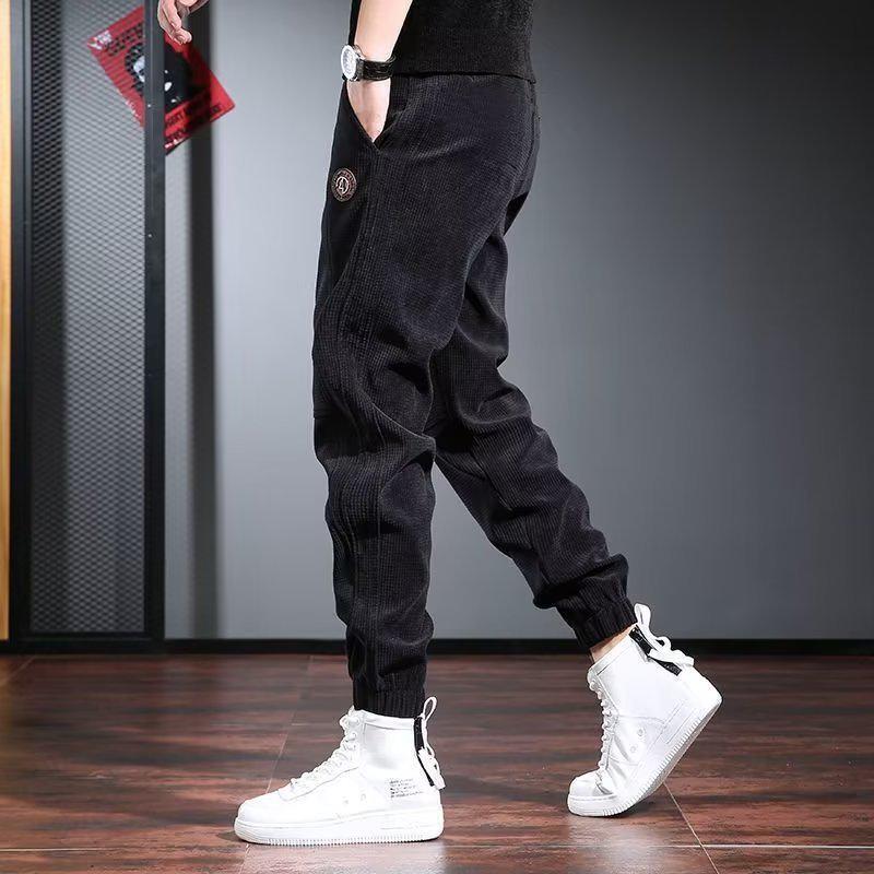 Men's Trendy Black Corduroy Joggers - Korean Style Elastic Waist Sweatpants for Spring and Autumn