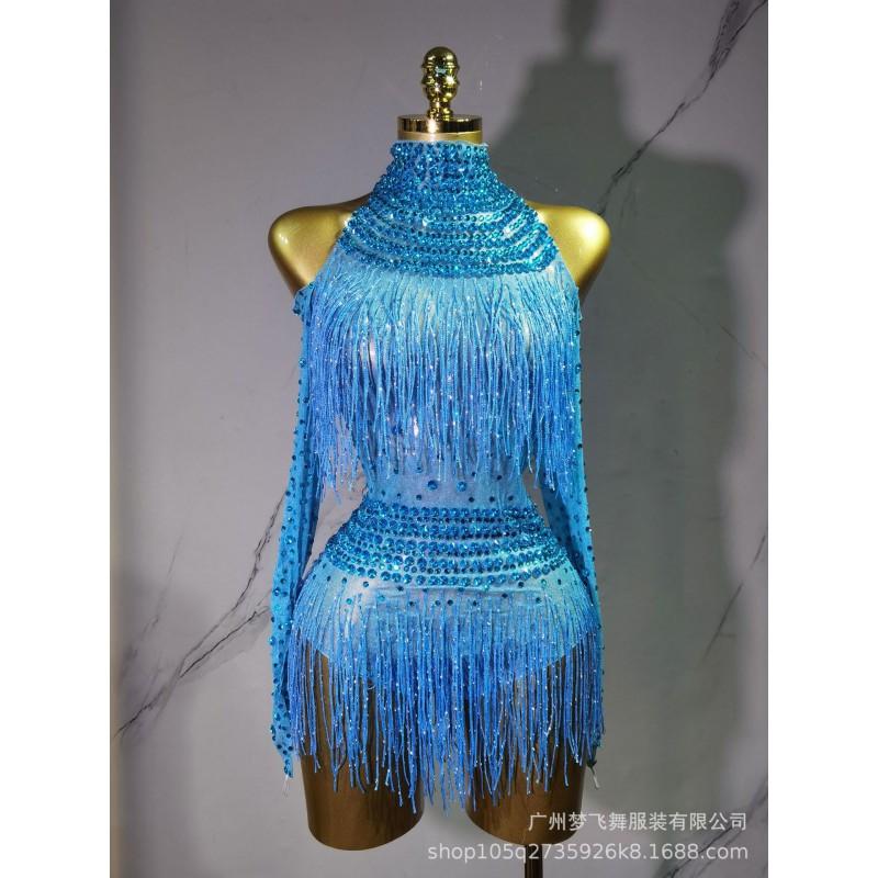 Mesh Halter Long Sleeve Rhinestone Fringe Jumpsuit Sexy Stage Outfit Female Singers Nightclub