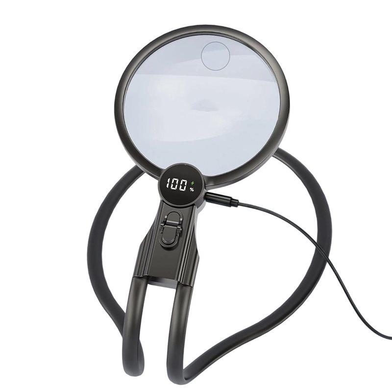 ABBP-Hands Free Magnifying Glass With Light, 2500Mah Flat Strap Neck Magnifier With LED Display & 3 Color Light