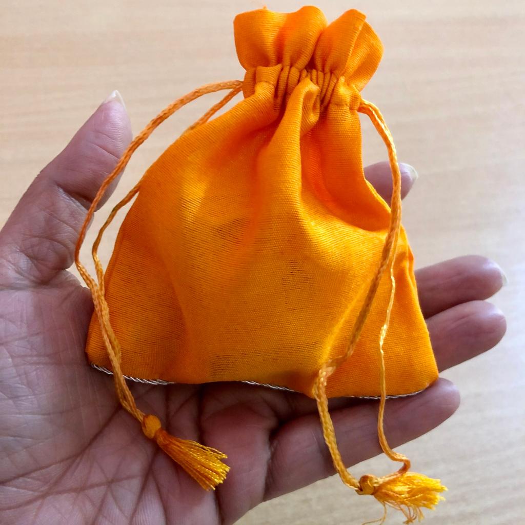 10 Pc 10x11 cm Raw Silk Jewelry Pouch Bag with Tassle drawstring Zari Border, Wedding Favor Party Favour, Gift Bag Jewellery ORANGE