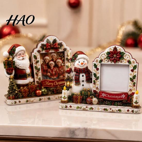 Decorative Solid Wood Frame Christmas 2D Wooden Picture Frame, Painted Snowman Santa Photo Xmas Vintage Desktop Decor Tabletop Keepsake Ornament,