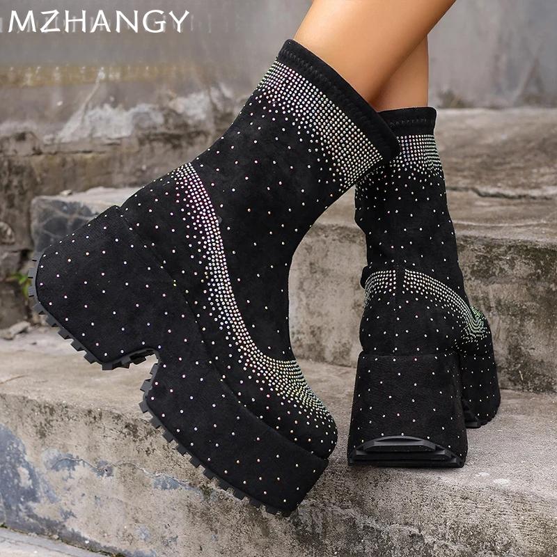 Модные женские ботильоны на платформе с кристаллами на высоком каблуке Desigenr Chunky Shoes Women 2025 Trend Winter Chelsea Boots New Goth Mujer Botas