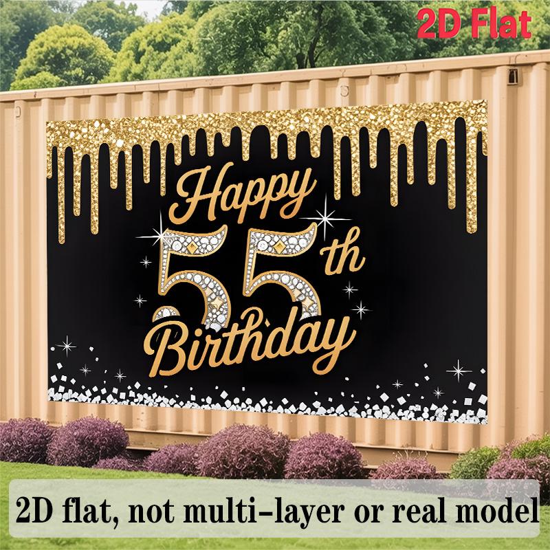 55th Birthday Banner, Golden Dripping Glitter Backdrop Wall Decor for Party