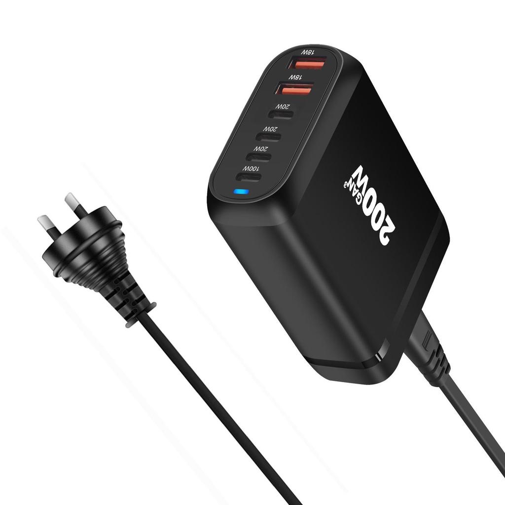 200W GaN Multi-Port PD Fast Charger with 2A4C Ports for Phones & Laptops