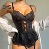 Women Sexy Deep V Sling Bodysuit See Through Heart Lace High Elasticity Romper Solid Color Shaping One Piece Underwear with Underwire