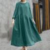 Plus Size Dress Solid Color Cotton Linen Irregular Patchwork Round Neck Pocket Long Sleeve Dress Hem Long Dress