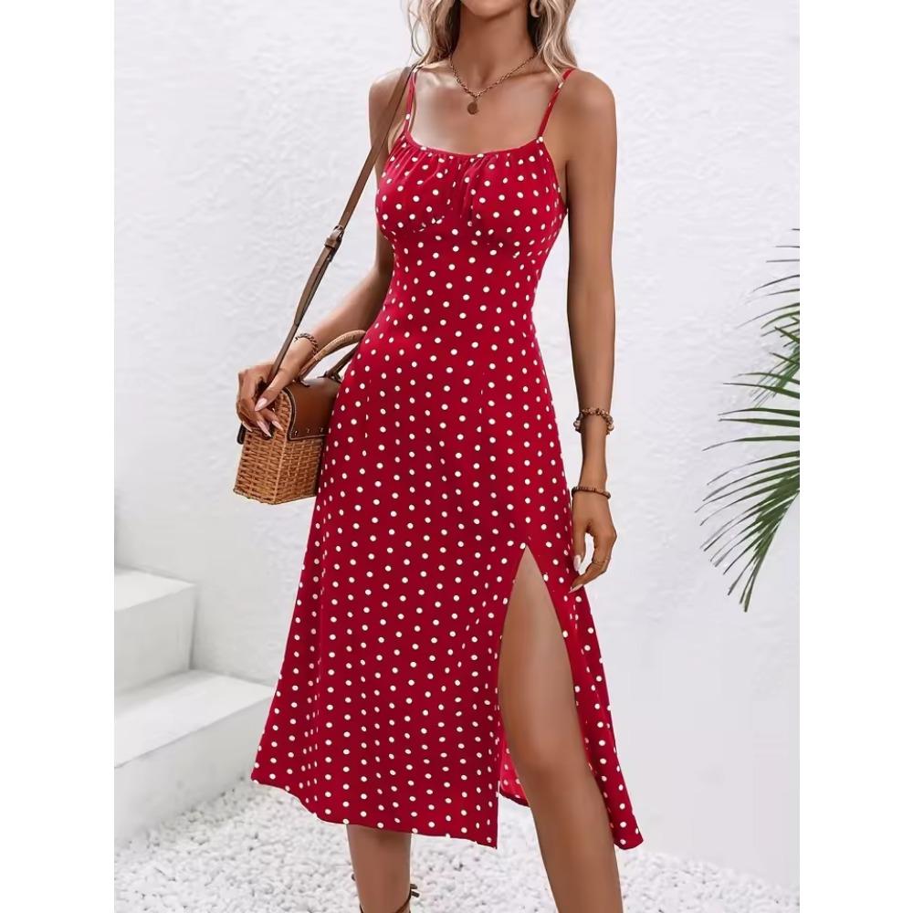Платье-миди в стиле бохо без рукавов в горошек с тонкими бретельками и разрезом для пляжа и лета