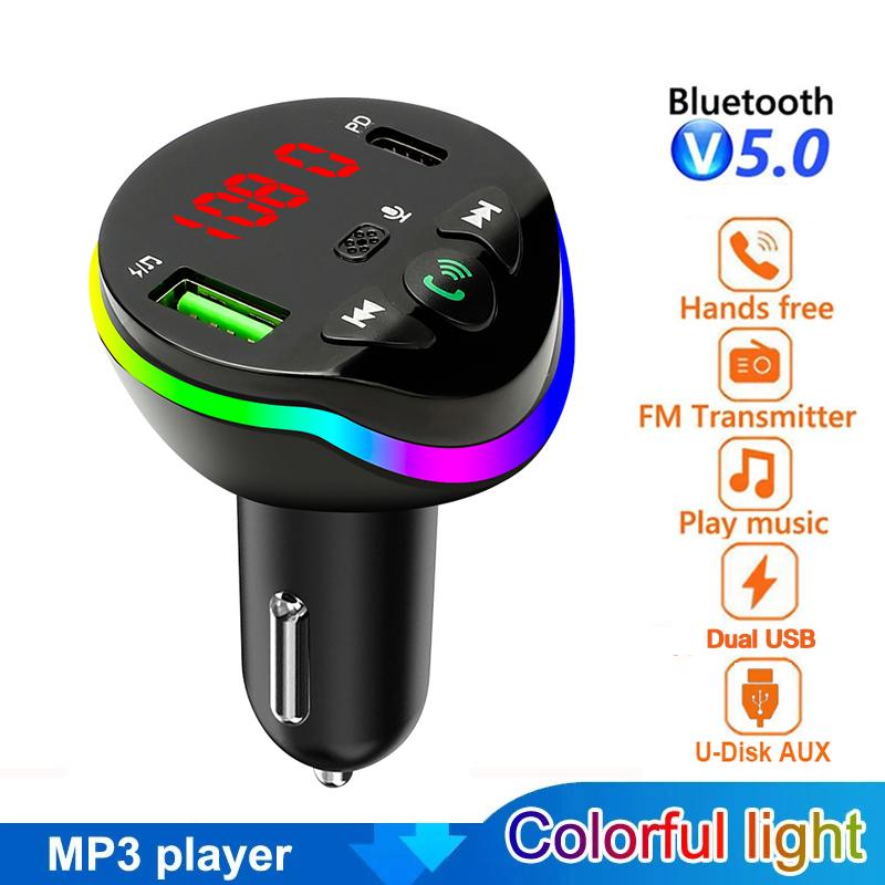 Bluetooth 5.0 FM-передатчик Handsfree автомобильный радиомодулятор U-Disk Aux MP3-плеер USB Type C адаптер для быстрой зарядки с RGB-подсветкой