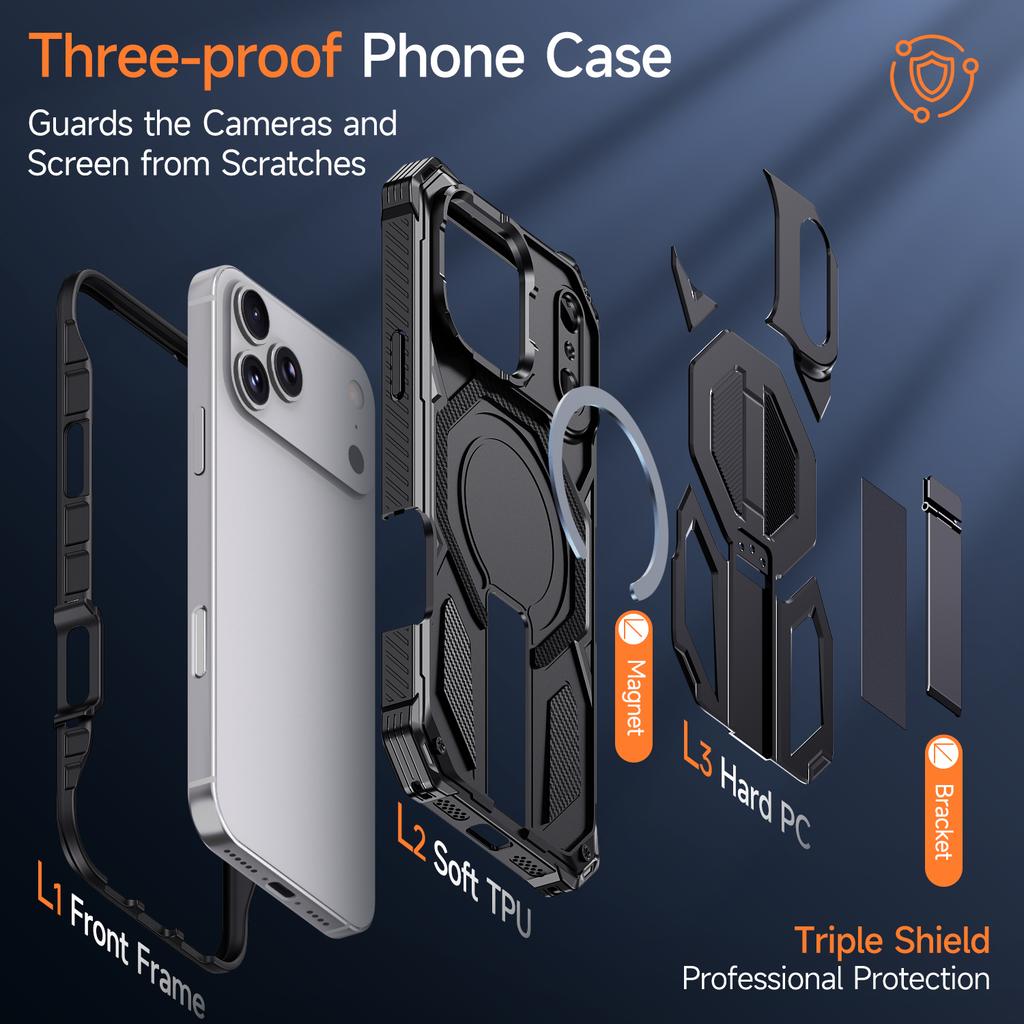 Прочный бронированный противоударный чехол для iPhone 12 13 14 15 16 Plus 16e Air 17 Pro Max из ТПУ, пластика, металла с подставкой, магнитная крышка для телефона