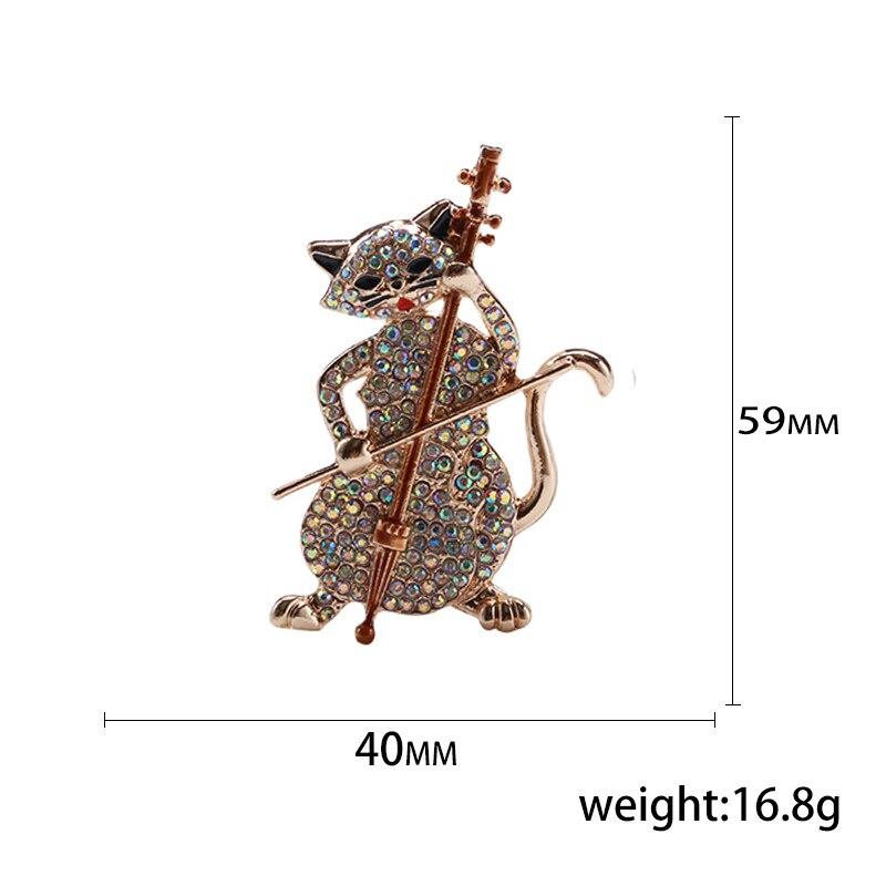 Blucome Cat Playing The Violin Shape Brooches for Women Girls Simulated Zircons Gold Color Jewelry Pins