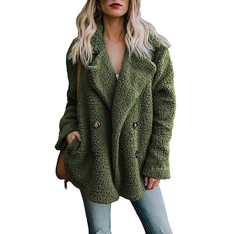 Autumn and Winter Double Breasted Loose Fleece Jacket Women Fashion Long Sleeve Plush Coat Women Vintage Solid Warm Plus Size Jackets for Women 24900