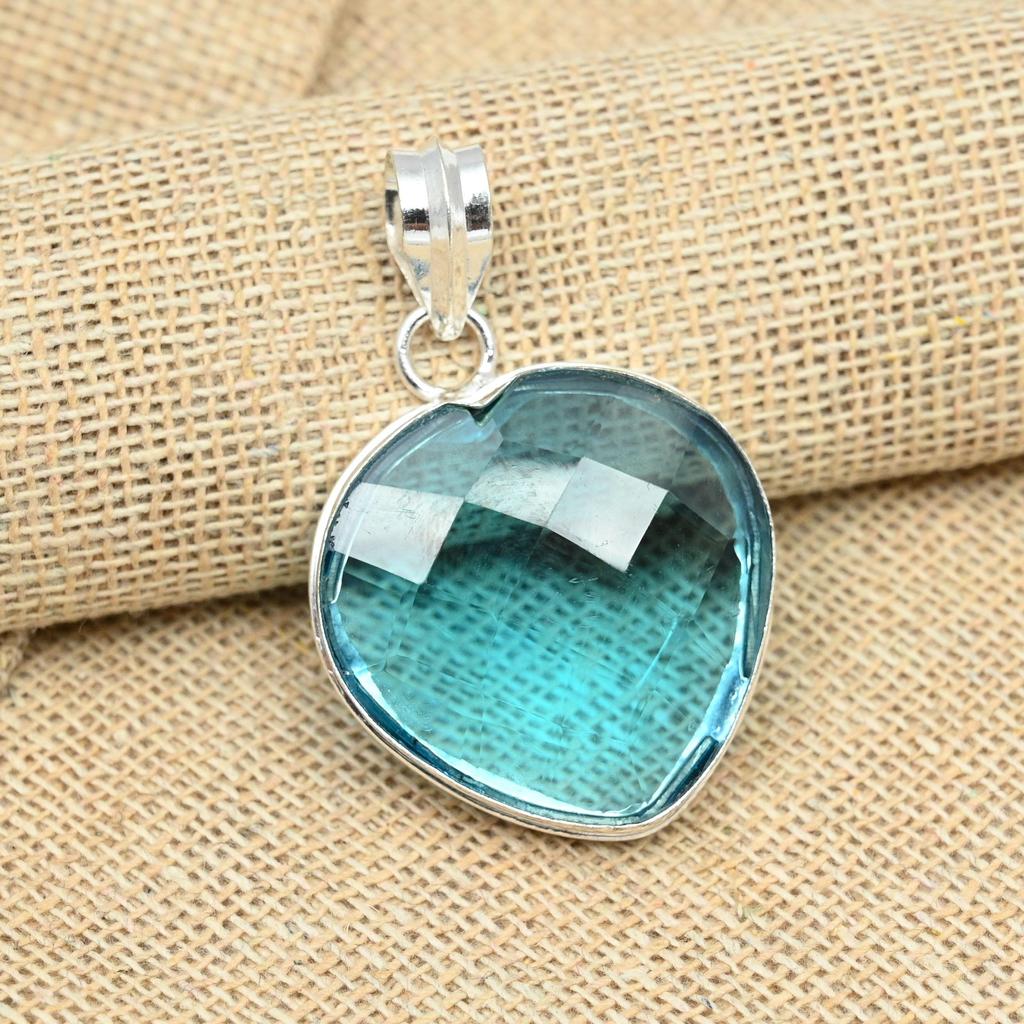 Blue Topaz Heart Gemstone Jewelry Handmade 925 Solid Silver Pendant For Her