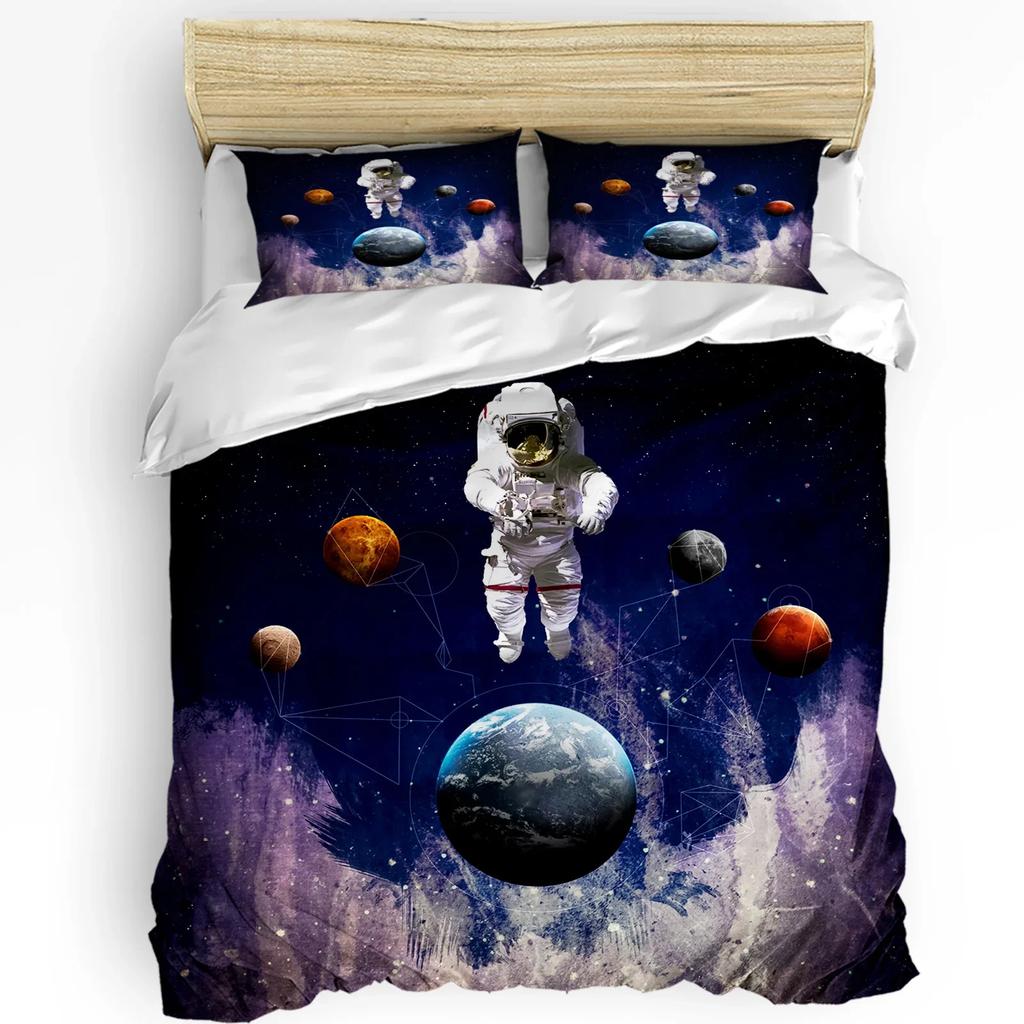 Outer Space Cartoon Cute Spaceship Rocket Duvet Cover with Pillow Case 3pcs Bedding Set Quilt Cover Double Bed Home Textile