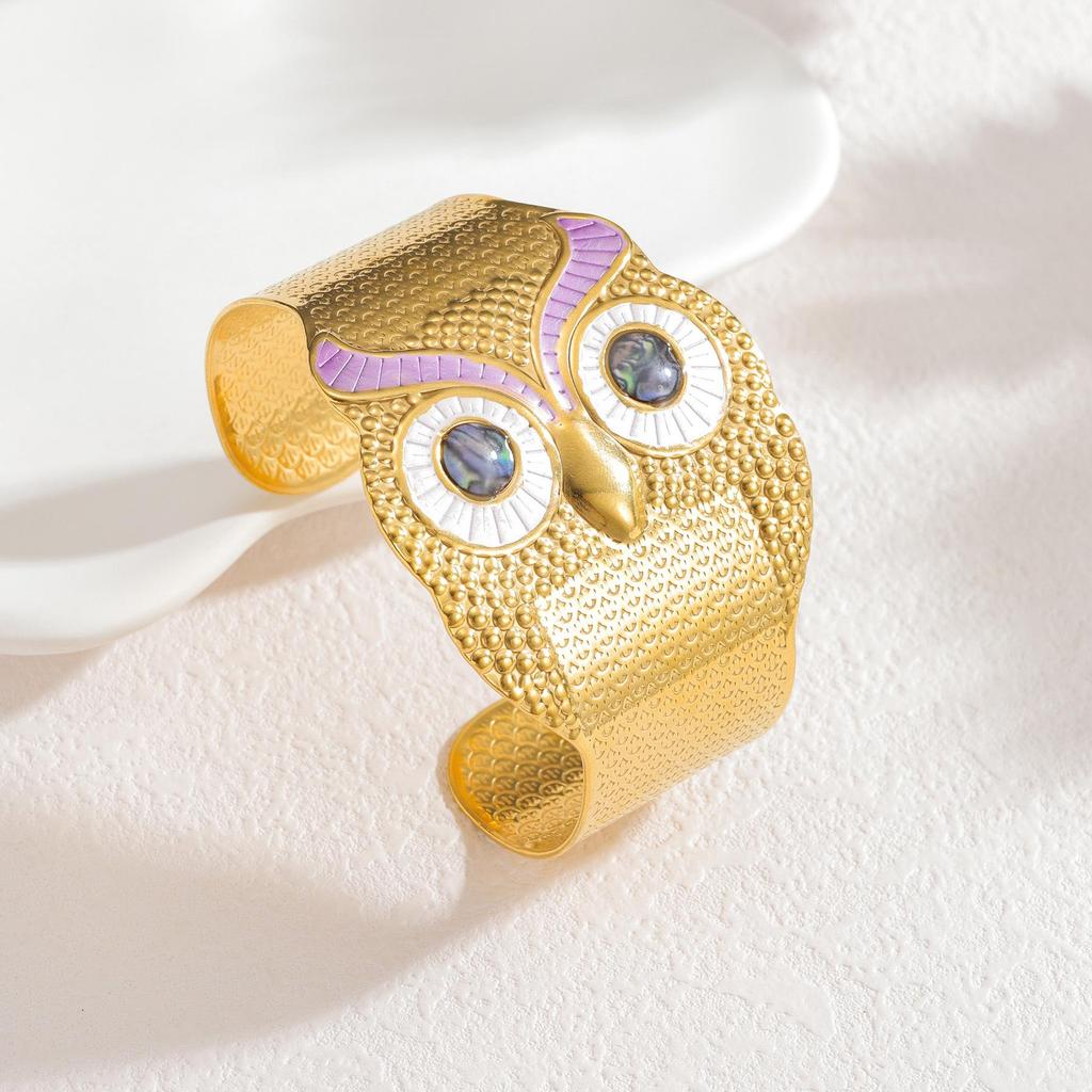 Браслет-манжета из титановой стали с эмалью в виде совы - Художественный и милый модный браслет