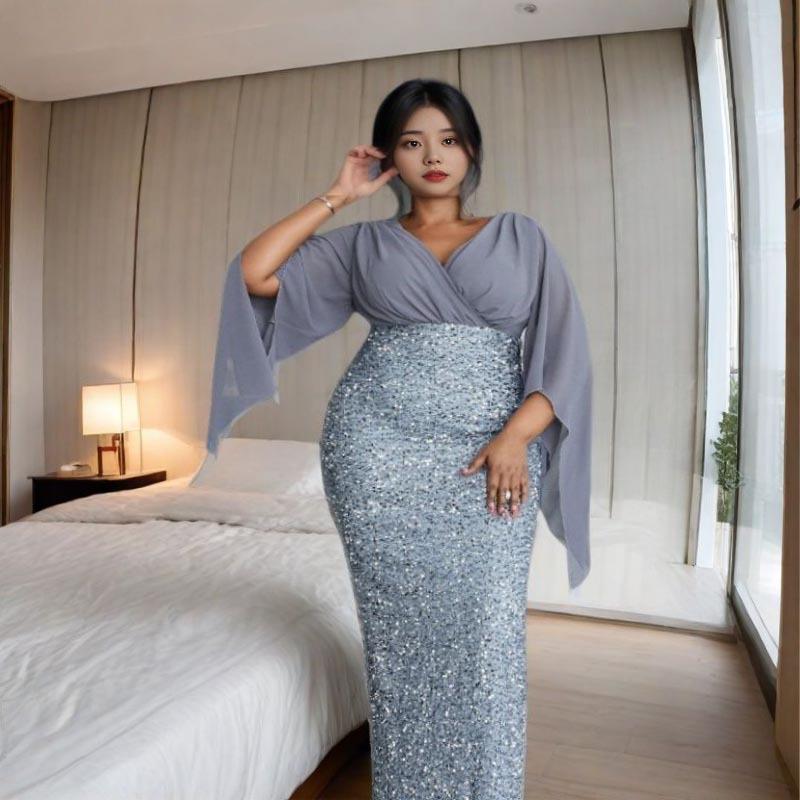 «2025 Элегантное вечернее платье из шифона с V-образным вырезом и пайетками»