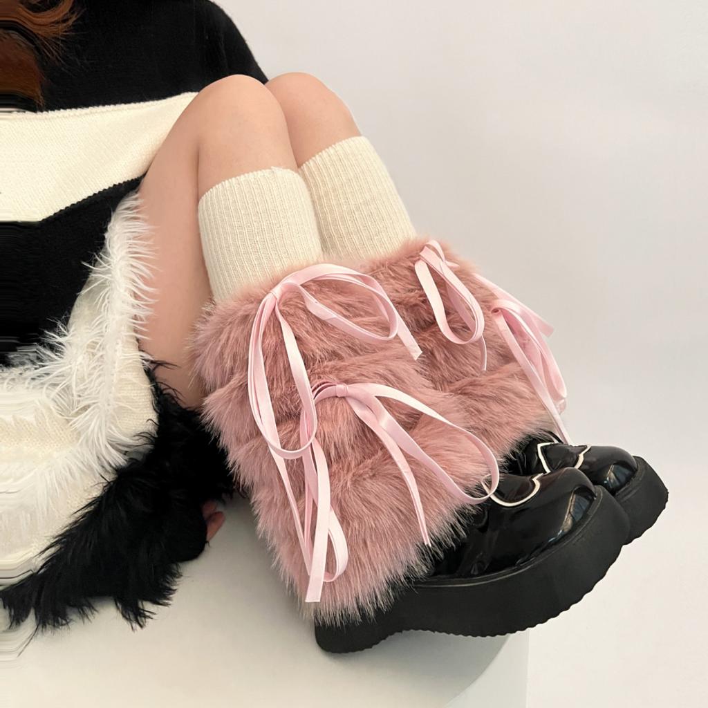 Bow Knot Leg Warmers Thickened Imitation Rabbit Fur Women Leggings Boots Cover Lolita Punk Harajuku Party Accessories