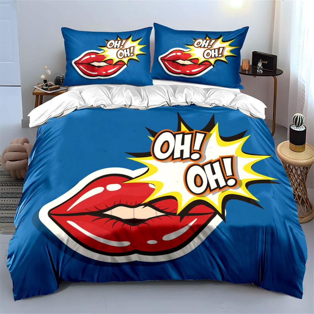 Red lips and "Oh!" Bedding sets Duvet cover sets Duvet covers Pillowcases(1*Duvet Cover 2*Pillowcases without duvet insert)