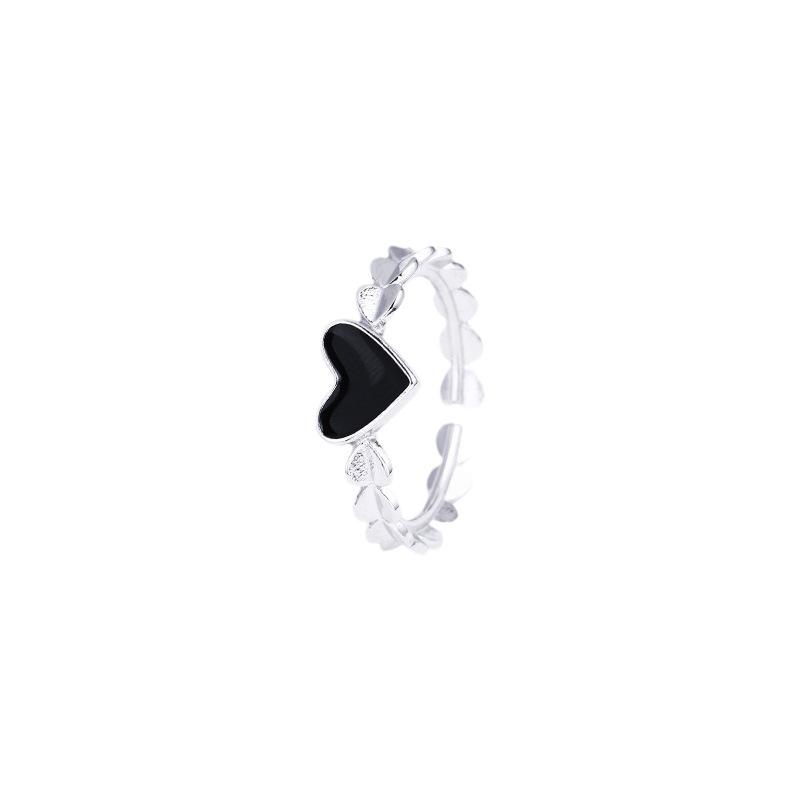 Dark Black Love Ring, Retro Simple Peach Heart Open Ring, Heart-Shaped Surround Design