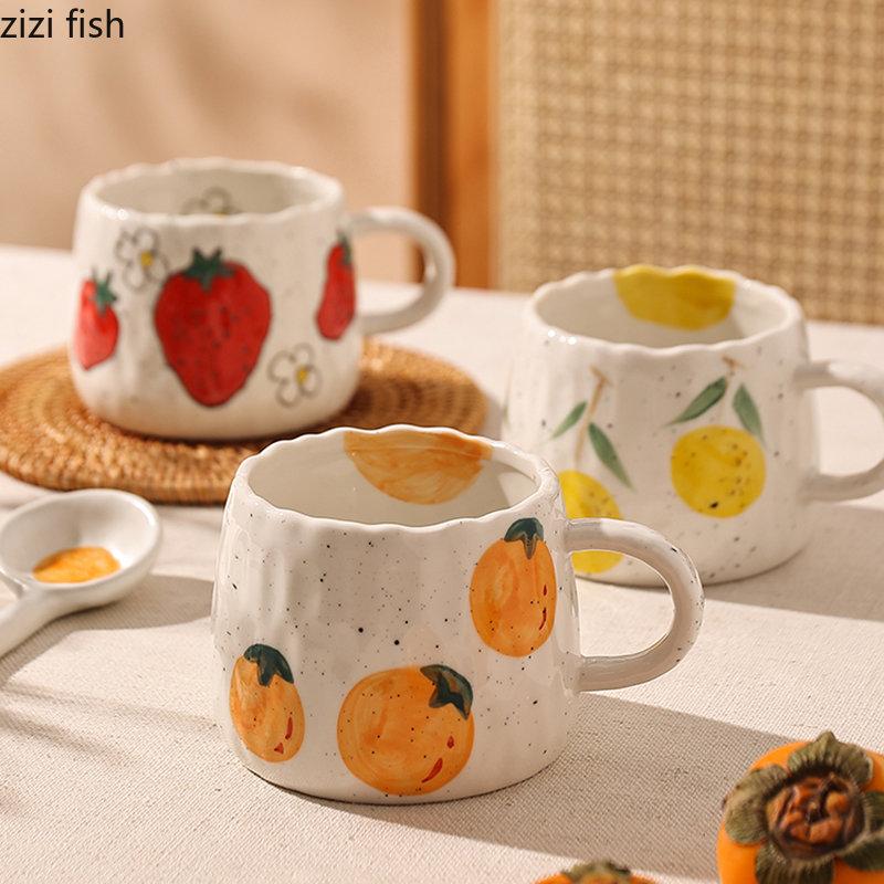 Ceramic Mug Coffee Cup Glazed Surface Cartoon Fruit Doodle Children Mugs Coffee Cups Strawberry Children's Porcelain Cup
