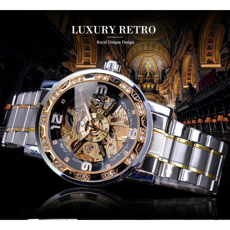 Forsining Часы Мужские модные повседневные классические поп-ажурные стразы с ручным управлением Механические часы