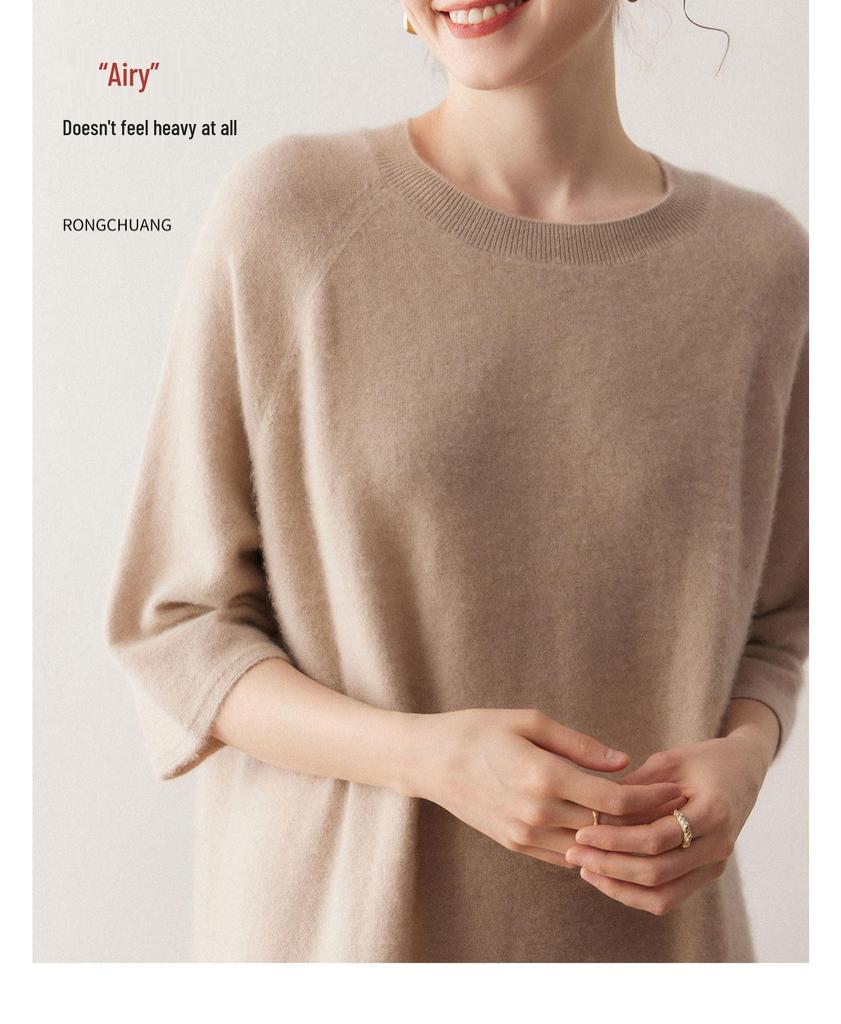 Korean Style Short Sleeve Cashmere Knit Dress for Women - Slimming Long Pullover with Round Neck, Autumn/Winter