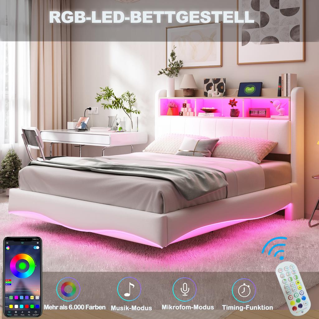 Floating design upholstered bed 140*200 made of linen fabric, multifunctional storage bed with LED light, USB and TYPE-C interface beige