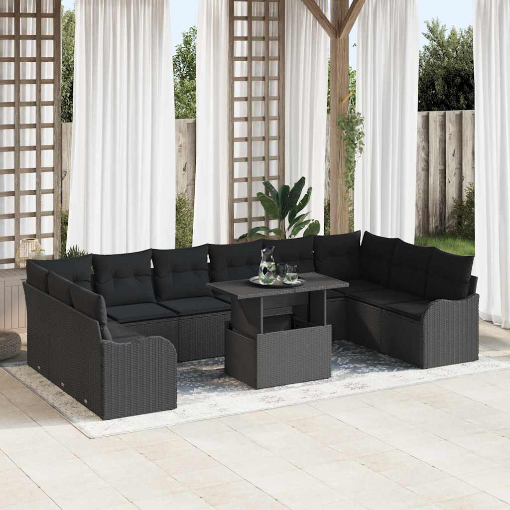 Garden Sofa Set with Cushions 11 pcs Black Poly Rattan