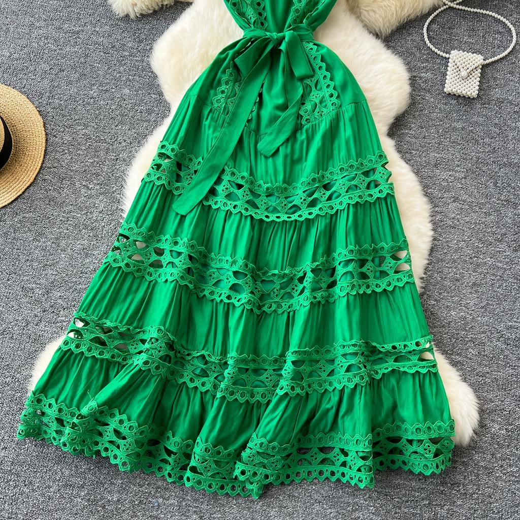 Summer Elegant Lace Spliced Embroidery Long Maxi Holiday Robe Women's Sleeveless Tank Wedding Party Dressess