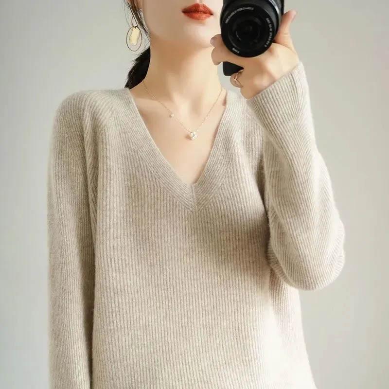 Свободный свитер, женская рубашка с v-образным вырезом, однотонный тонкий вязаный свитер, повседневный удобный мягкий универсальный свитер