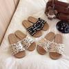 2025 Summer New Xiaoxiangfeng Flat-bottomed Slippers Women's Outer Wear Summer Light Luxury Fairy Versatile Pearl Vacation Sandals