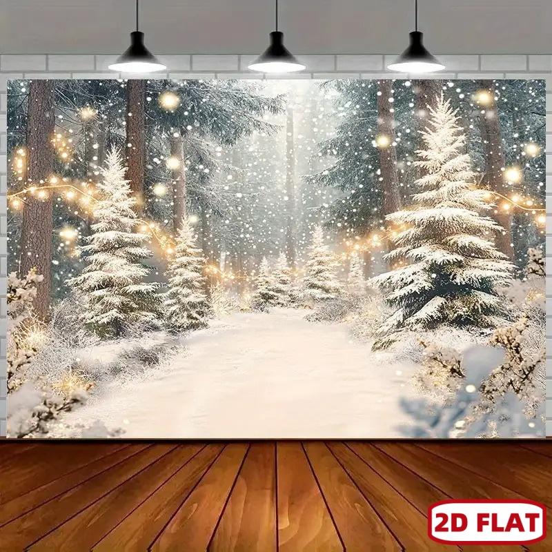 1 piece of a magical Christmas forest backdrop, featuring a pine tree decorated with shiny lights, made of polyester materialZL