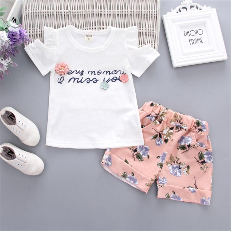 Комплекты одежды из двух предметов из хлопка для девочек, летние детские комплекты, повседневные цветочные наряды
