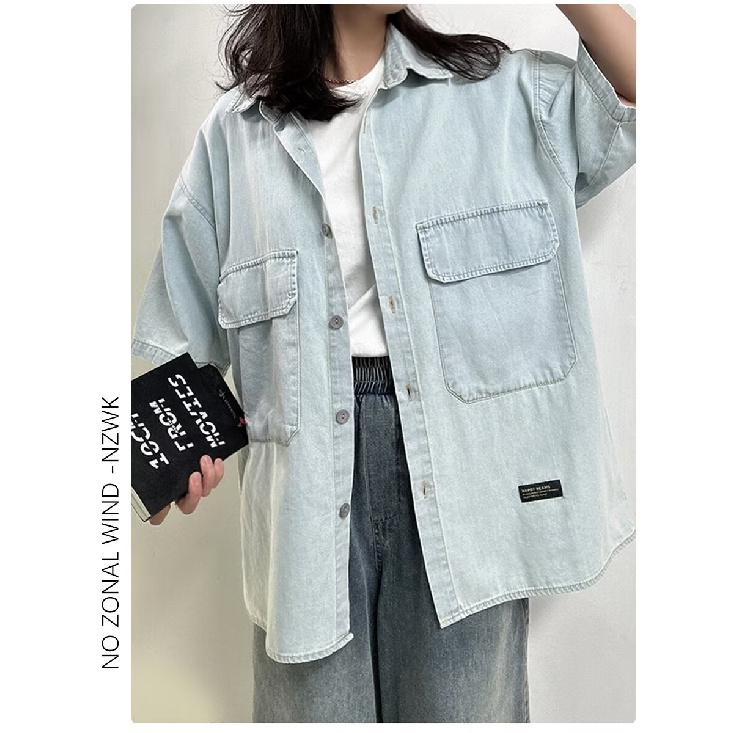 Рубашка с коротким рукавом в стиле ретро из джинсовой ткани, летняя модная мужская и женская марка, японский ретро-тренд с коротким рукавом, классная и свободная рубашка