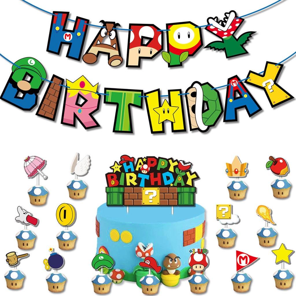 Super Mario Birthday Party Decoration Set Cartoon Themed Flags And Cake Toppers