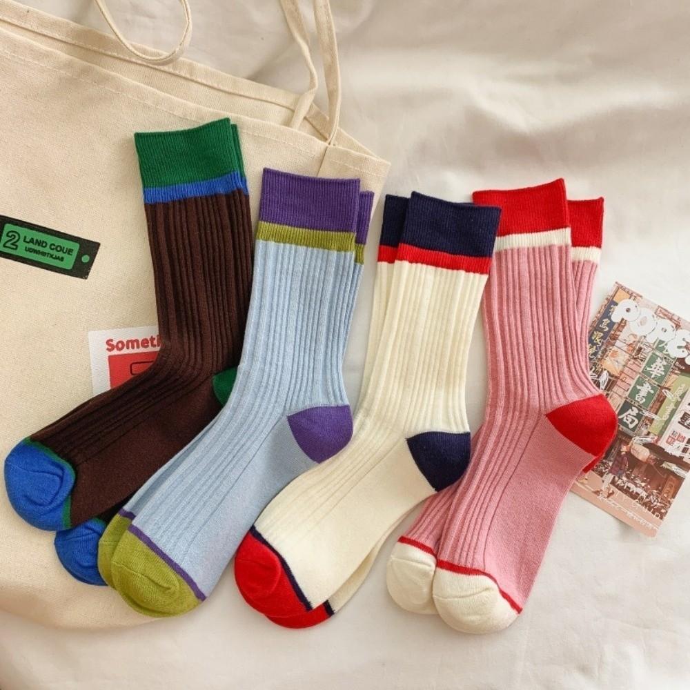 A Pair Soft Mid Tube Socks Stripes Long Socks Durable Womens Crew Socks for Women