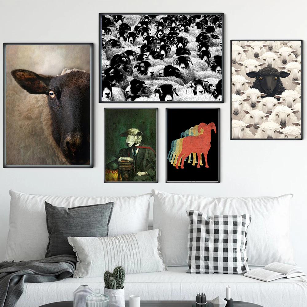 Sheep Black Sheep White Sheep With Bow Tie Posters and Prints Canvas Painting Wall Art Pictures Home Room Modern Travel Decor