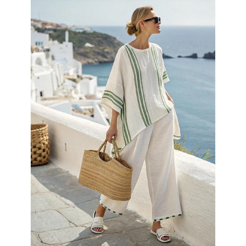 European and American summer women's clothing new 1D printing striped color matching medium-sleeved round neck top straight casual suit