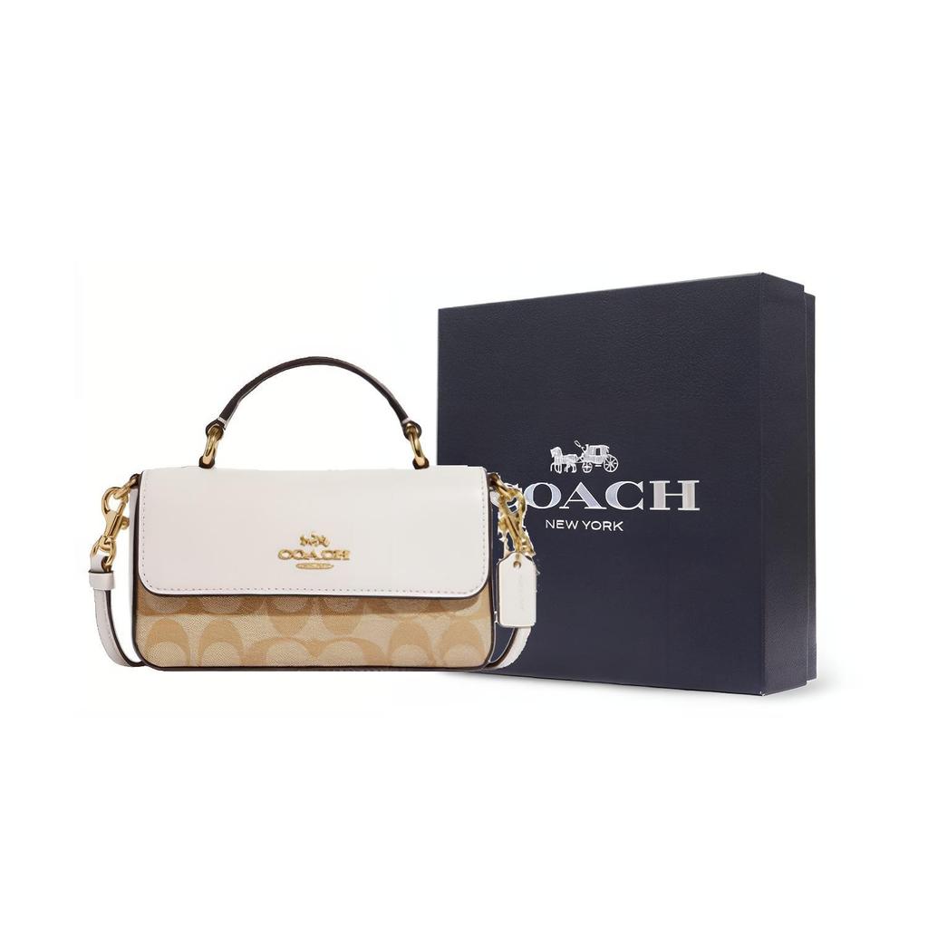 New COACH Cow Leather Handbag Shoulder Bag Crossbody Bag Small Size Women's Khaki & Chalk White CC340-IMOTV