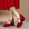 French Suede High Heels Women 2024 New Sexy Red Mary Jane Shoes Elegant Pearl Buckle Wedding Dress Shoes Platform Women's Shoes
