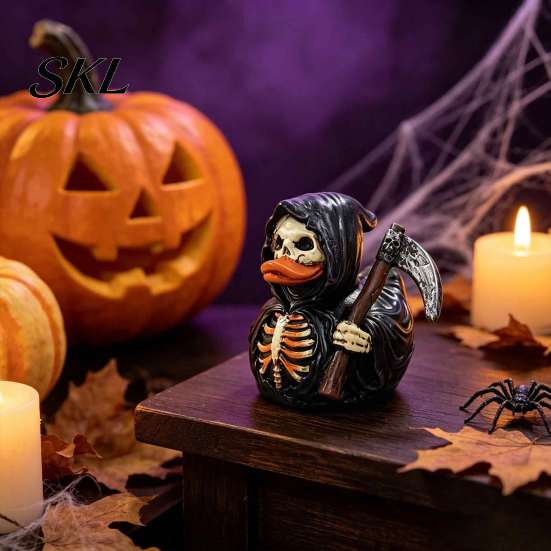 Dark Home Office Accessories Halloween Grim Reaper Duck Resin Figurine, Gothic Scythe Statue Spooky Atmosphere Ornaments for Desk Decor, Collectible