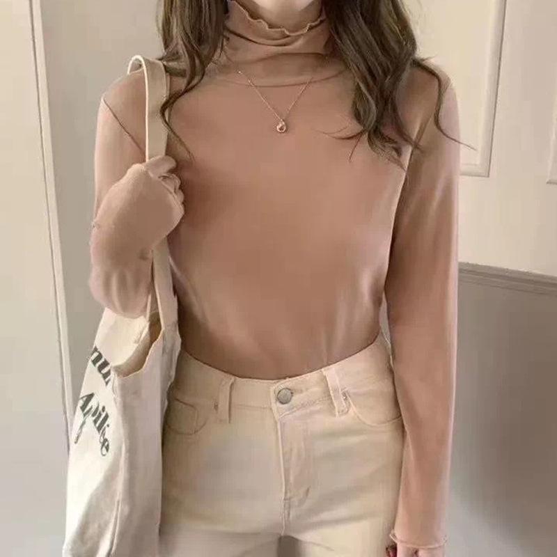 Women's Autumn/Winter Ruffle Design Solid Color Velvet Turtleneck Base Layer Top