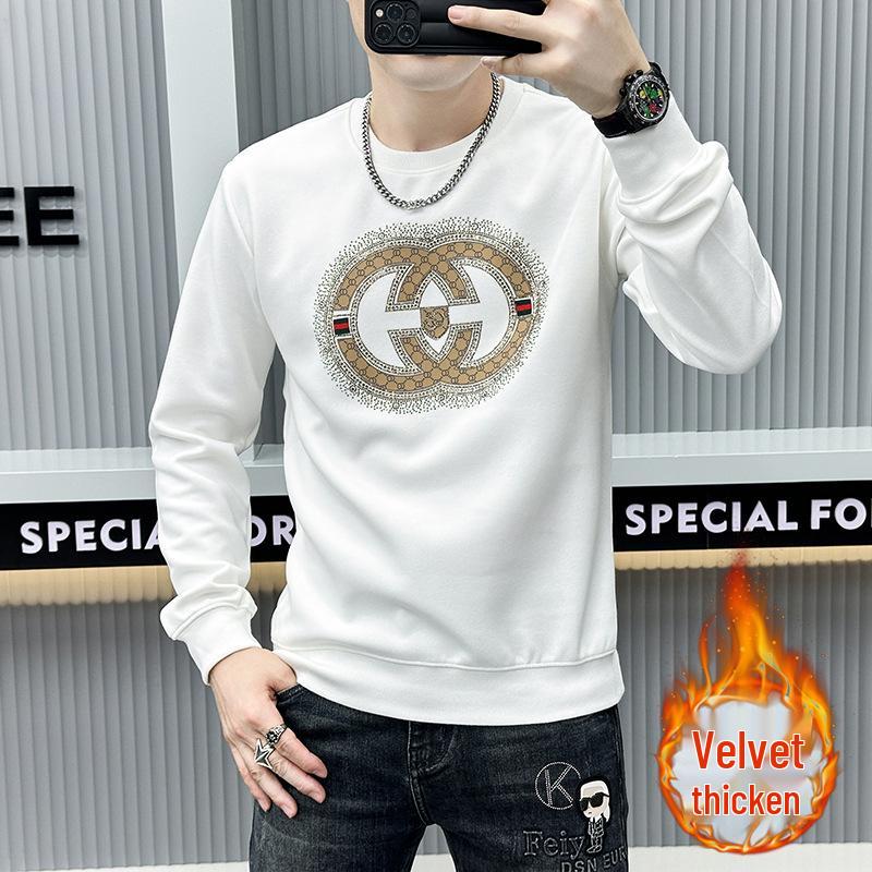 Европейская осенне-зимняя мужская флисовая толстовка высокого класса: Стильный пуловер с длинным рукавом и дизайном из горячих страз