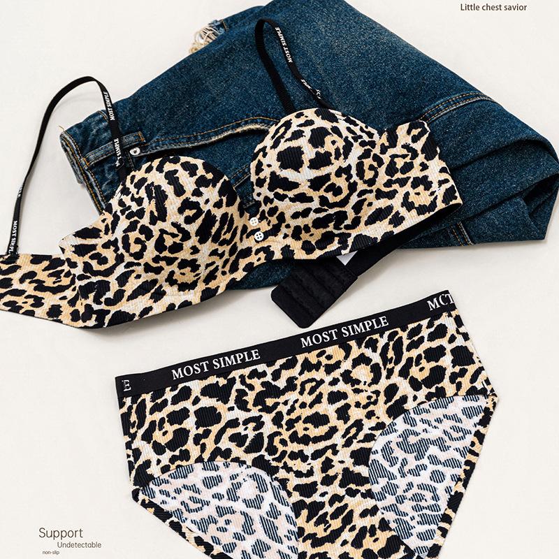 Sexy leopard print small breasts gather underwear women's no steel ring upper support not empty cup anti-sagging adjustment close breast bra cover