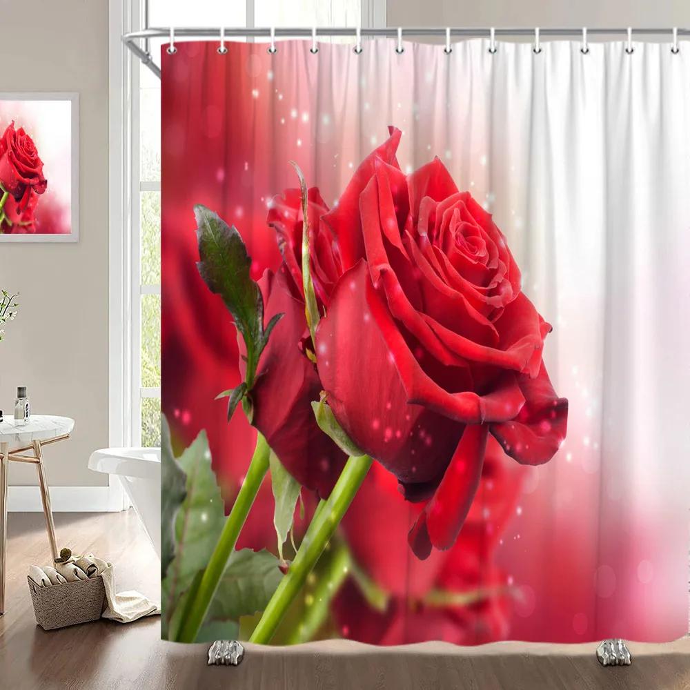 Занавеска для душа на День святого Валентина, Сердце из роз, Романтическое растение, Любовь, Губная помада, Полиэстер, Принт, Украшение для ванной комнаты