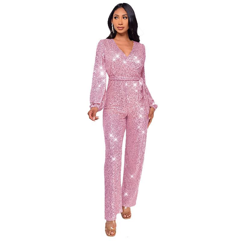 Sparkly Jumpsuits For Women Dressy Formal Plus Size Long Sleeve Sequin Party Rompers Sexy V Neck Wide Leg Pants Suit