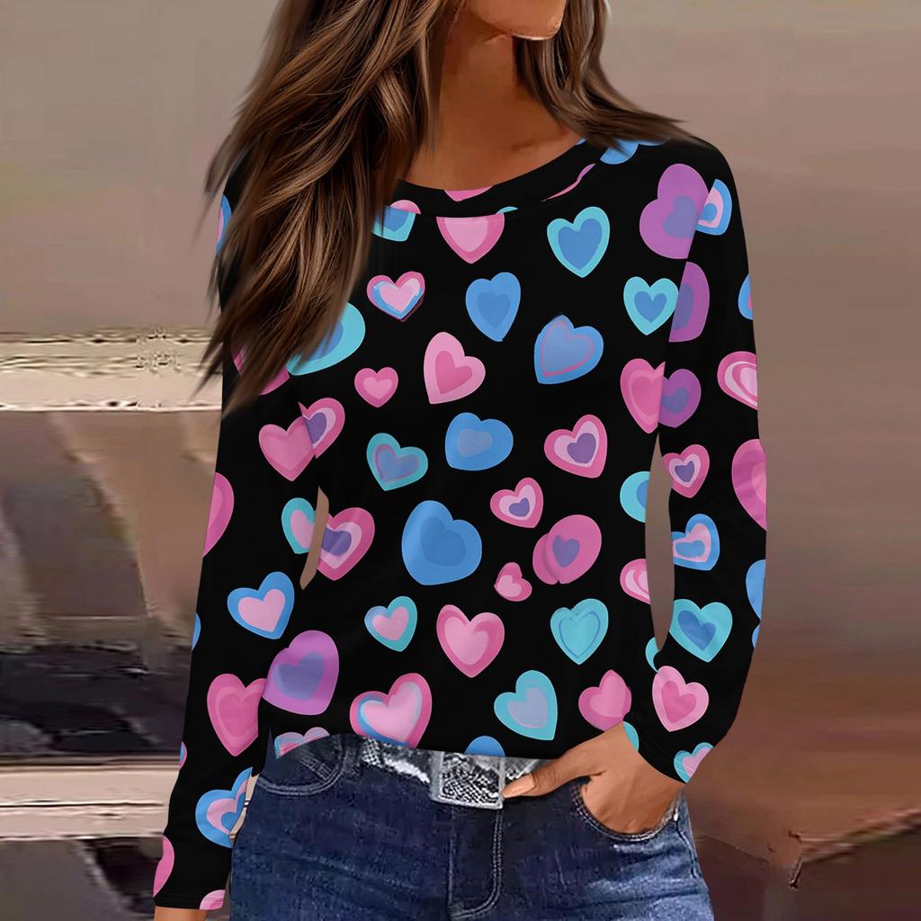 Women's Fashionable Long-Sleeved Round Neck Top with Slit Hem and Valentine's Day Heart Print