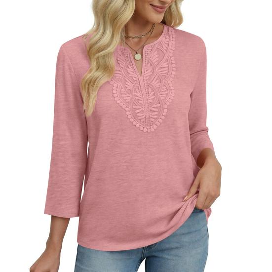 Женские топы с рукавом три четверти, V-образным вырезом, с узором из ажурной вышивки, свободного кроя, повседневная блузка, для повседневной носки