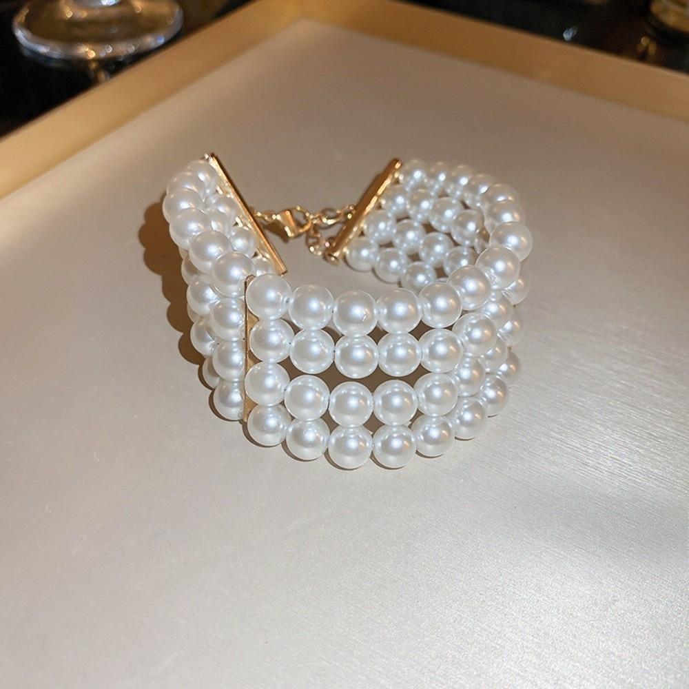Ornaments Pearl Four Layer Necklace Fashion Jewelry Wide Cuff Bangles Versatile Bracelets Set Gift